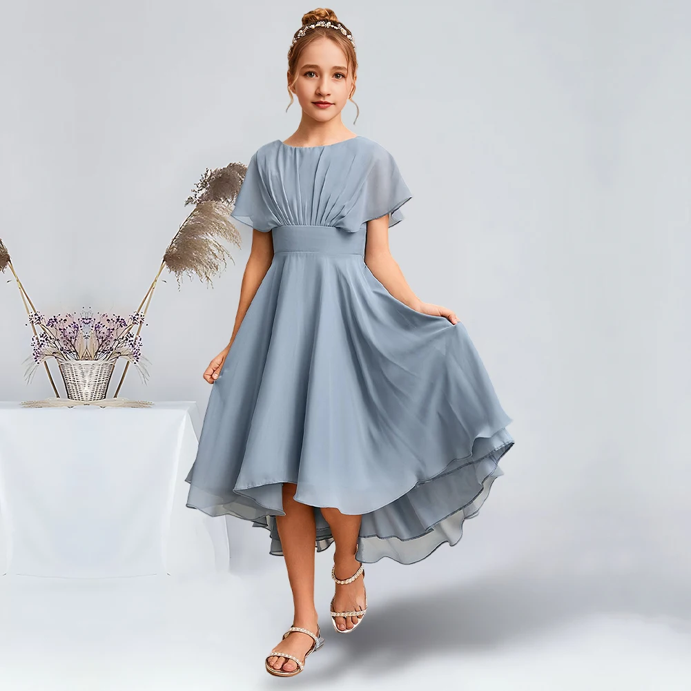 Elegant A-Line Scoop Asymmetrical Chiffon Junior Bridesmaid Dresses Dusty Blue Stunning Flower Girl Dresses Party Wedding Kids