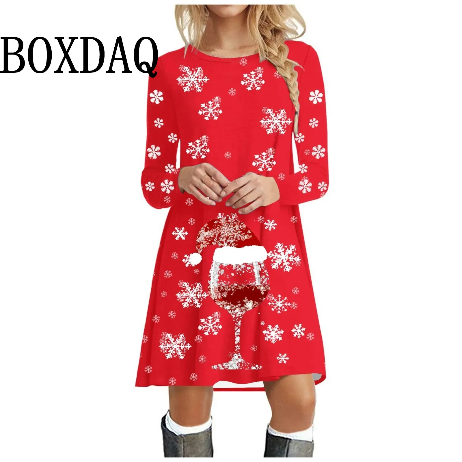 Vestido casual de moda para mujer, manga larga, estampado de cristal navideño, cuello redondo, fiesta, Navidad, copo de nieve, vestidos de fiesta de Navidad, ropa