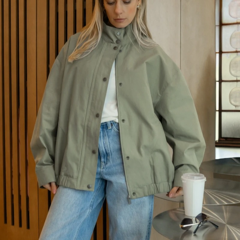 New in Autumn Winter Tooling Style Stand-up Collar Short Jacket Women's Loose Shoulder Casual Simple Versatile Commuter Jacket