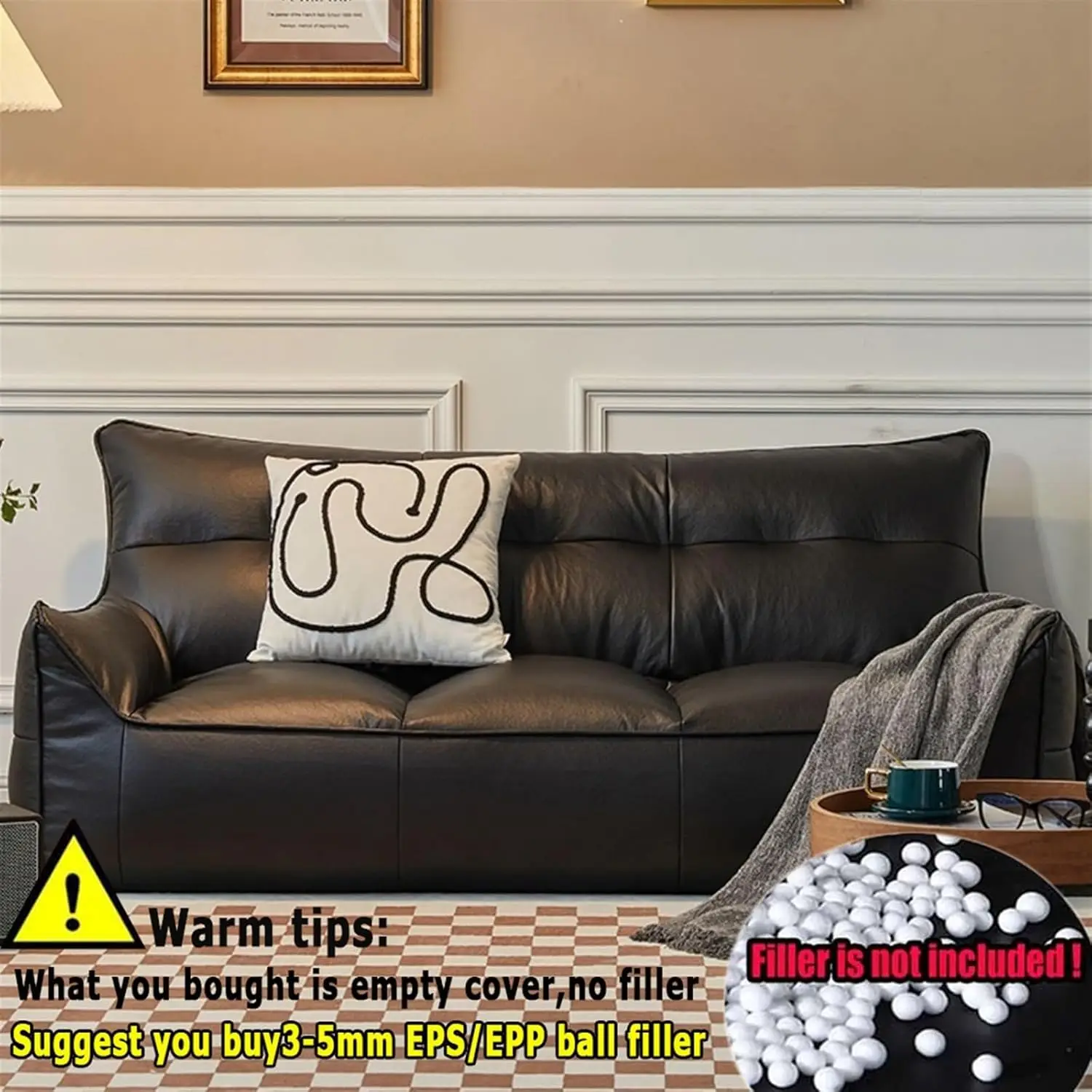 #3-Seat Faux Leather Bean Bag Cover, Lazy Sofa, Sectional Couch, Chaise Lounge, Frameless Living Room Furniture, Customized