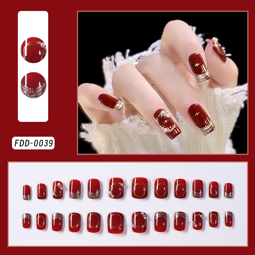 24Pcs Full Cover Fake Nails with 3D White Pearl Design Full Cover Press on Fingernails Coffin Head Glitter Red False Nails Tips