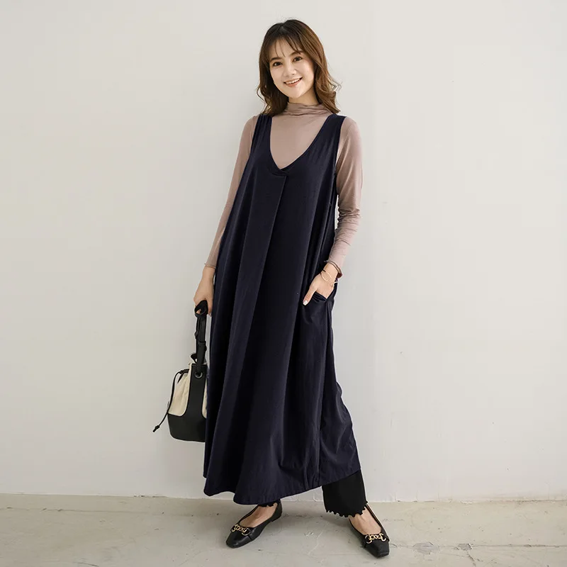 

Autumn Winter Japan Sexy V Neck Sleeveless Tank Dress Women Big Size Long Maxi Dresses Female Solid Casual Loose Pocket Vestidos