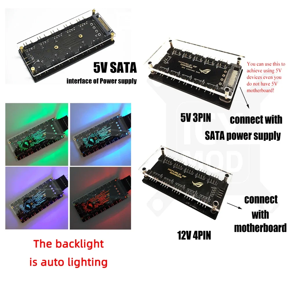 ROG RGB Hub 1-10 Ports 1-6 Splitter 5V3 Controller SATA Power Supply ASUS Lighting 12V4 Convertor AURA SYNC PC Cooler Custom MOD