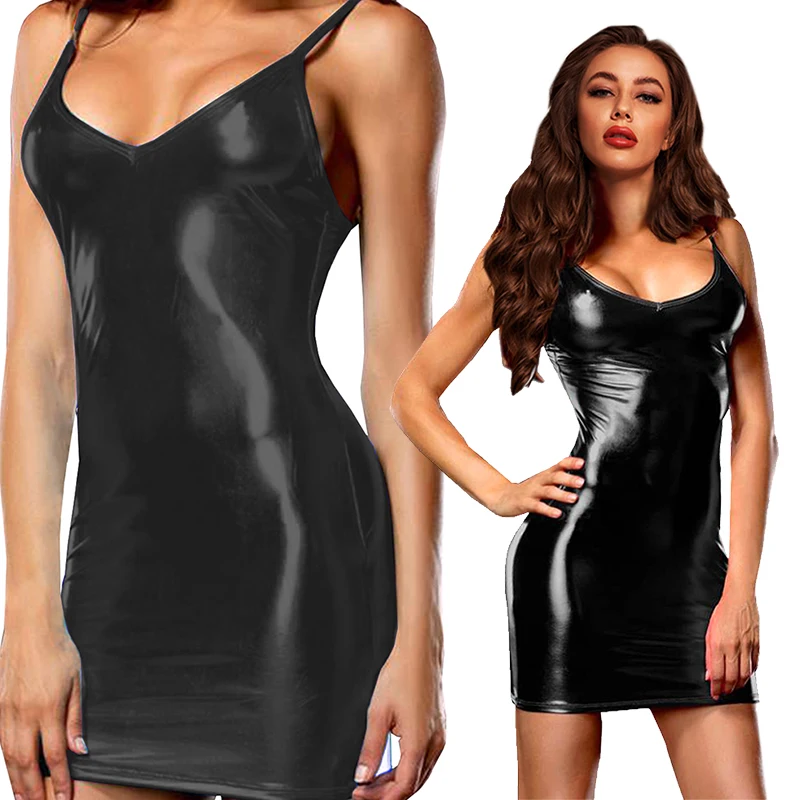ผู้หญิง Pu METALLIC Latex Sheath หนัง Clubwear ชุดราตรีเซ็กซี่ Bodycon Cami ร้อนชุด Wetlook Club PARTY กระโปรงมินิเสื้อผ้า