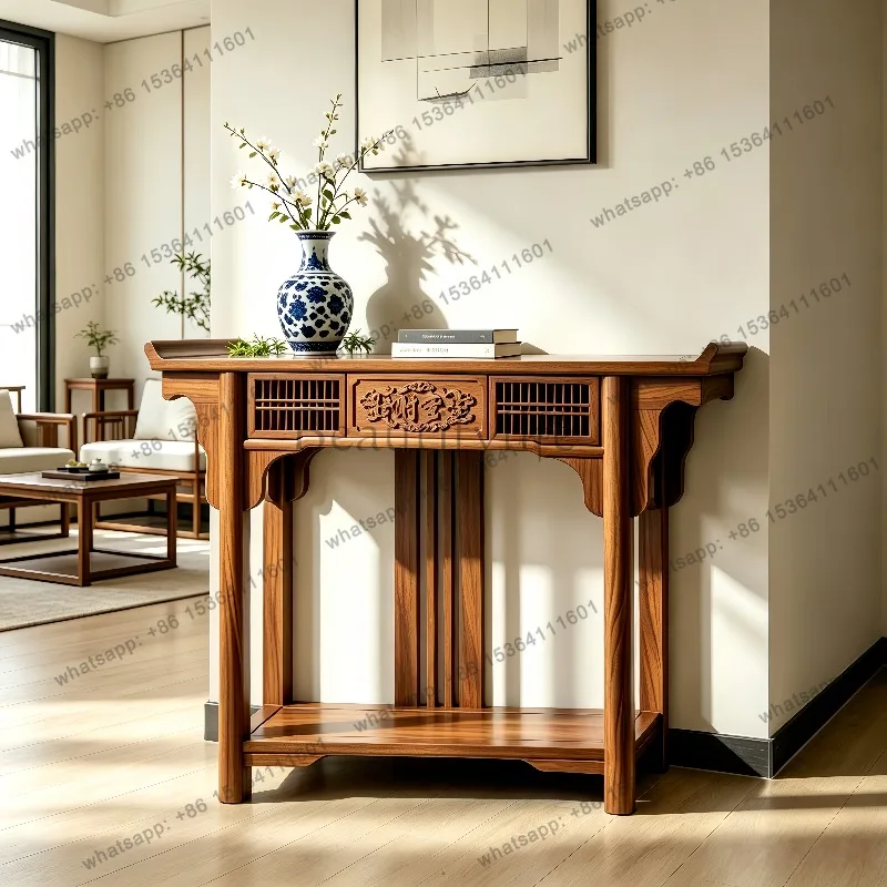 YJ 2026 New Black Walnut Entryway Console Table New Chinese Style Narrow Long Side Table Hallway End View Display Stand