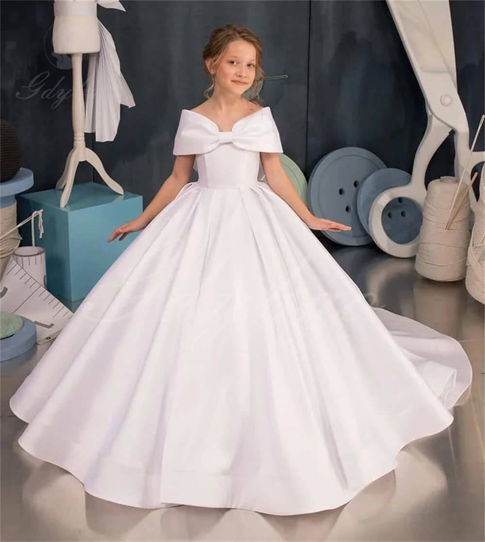 Flower Girl Dress Off Shoulder Princess Dresses for Girls Satin Flower Girl Dresses for Wedding Ball Gown