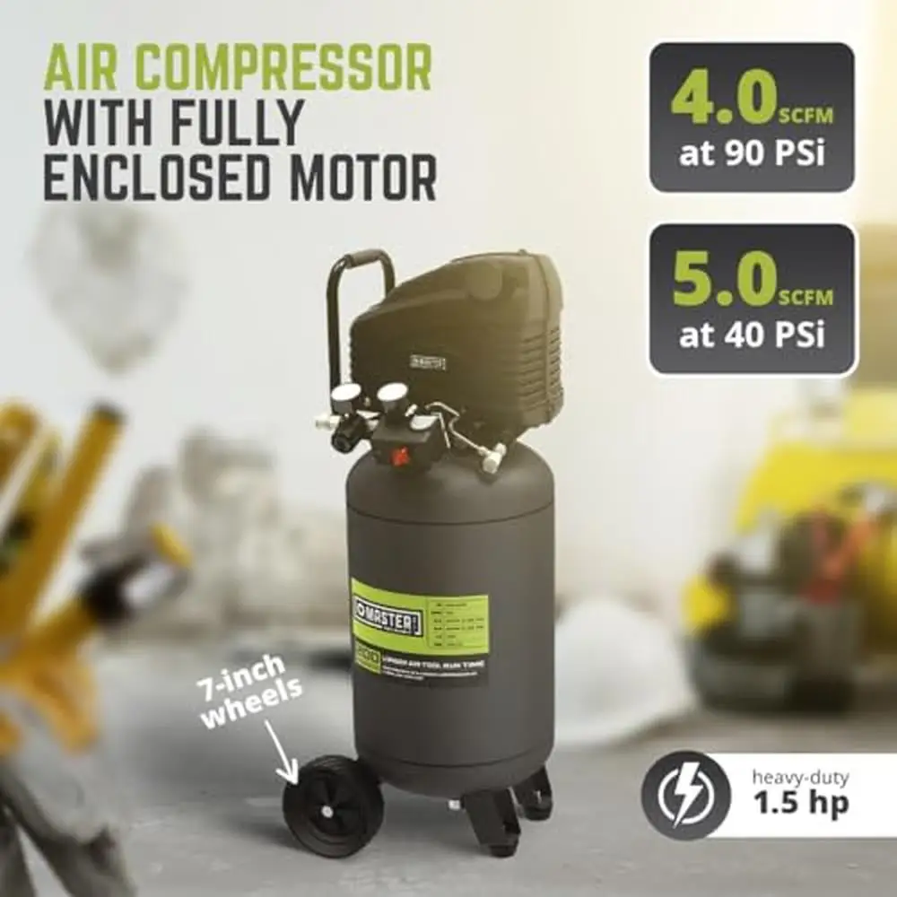 Compressor de ar portátil resistente de 15 galões, motor de indução de 1,5 HP, rodas de 7 ", bomba sem óleo, fonte de energia elétrica verde ideal