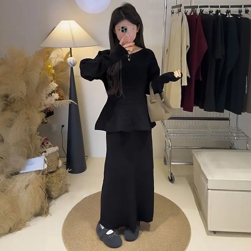 

Retro Women's Knitted Top And Skirt Set High Waist Midi Skirt Two Piece Suit Winter Collection Casual Sle Warmth Guaranteed