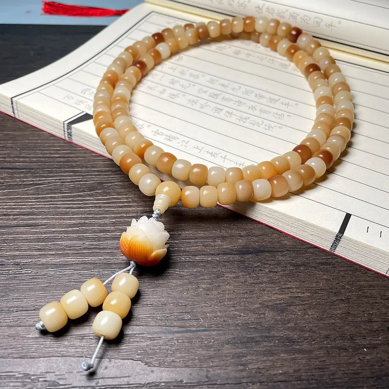 Charred White Jade Bodhi 108 Barrel Beads Bracelet with Jade Lotus Pendant Unisex Wrist Mala Gifts