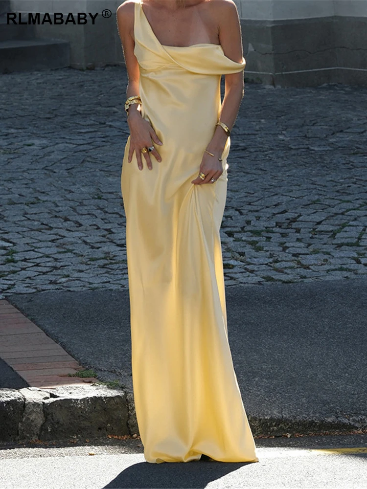RLMABABY elegante een schouder satijnen band lange bodycon jurk vrouwen sexy hottie meisje vakantie feest gele schede maxi jurk