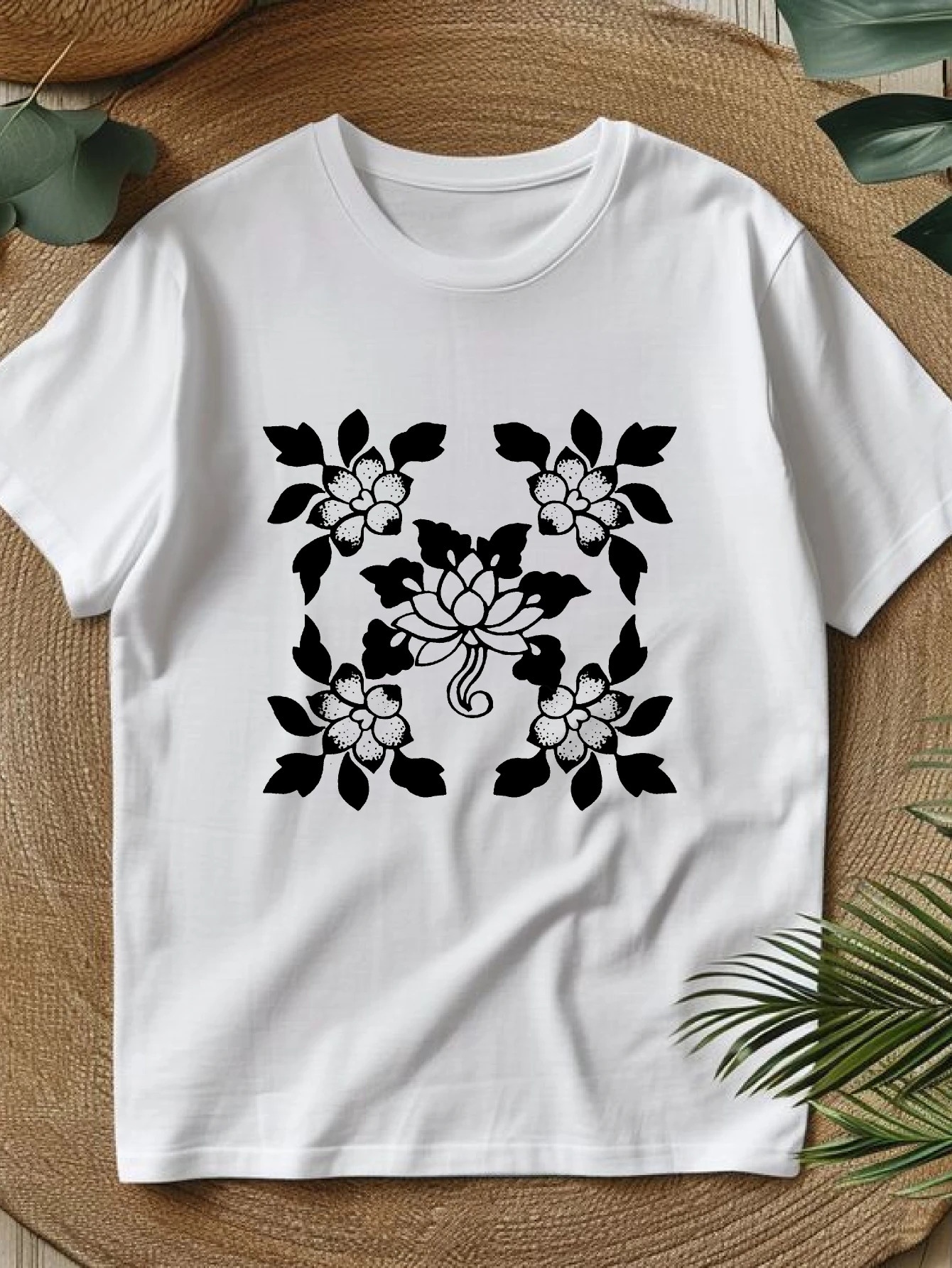 

Women's T-shirts Chinese style Women's clothing summer Basic Oversize Tee Casual 100% cotton Black Floral Design On printed