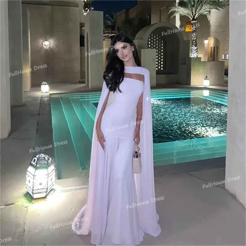 

Custom Made Pink Boat Collar Pleated Flowing Evening Gown Straight Sexy Backless Floor Length Prom Dress with Detachable Cape