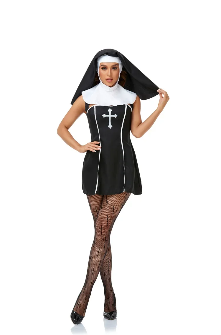 Pasqua Halloween Cosplay Party Costume adulto Sexy Nun femminile sacerdote preghiera insegnante vestito senza maniche in bianco e nero vestito da palcoscenico