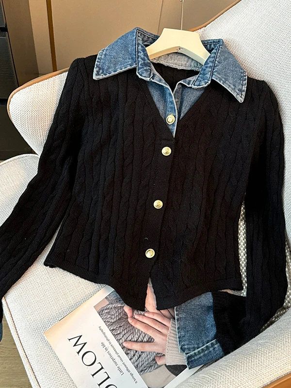 Colletto blu Denim Patchwork Lungo Sve lavorato a maglia irt Donna Autunno College Sle Versatile ort Top Falso in due pezzi