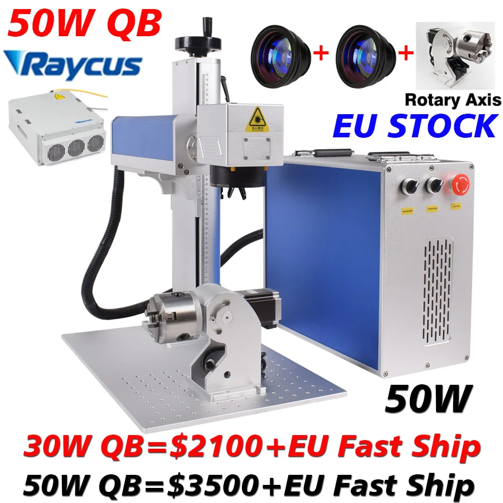 Raycus QB-grabado láser de fibra de 50W, 50W, para marcado de Metal, con eje giratorio, lente de 1064nm, STOCK en la UE