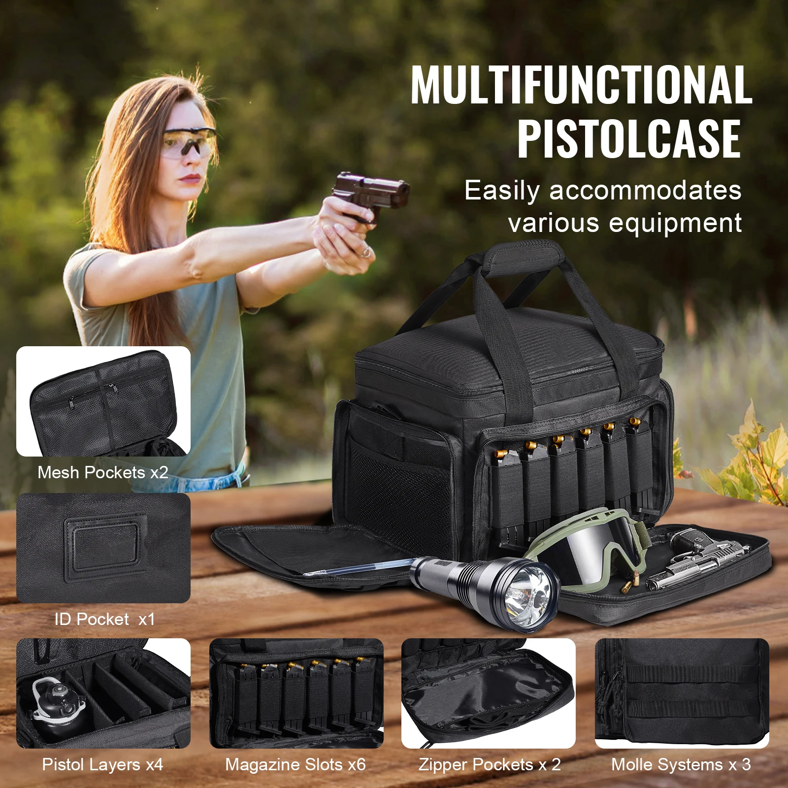 Range Bag for 4 Pistols, Tactical Gun Range Bag with 3 Detachable Baffles & 6 Magazines, Firearm Shooting Handgun Bag for Outdoor Hunting Shooting Pistol Bag with Single Shoulder Strip, Black