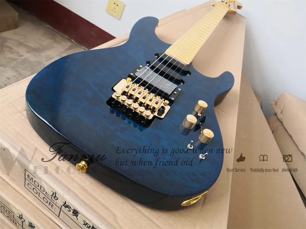 Blue Electric Guitar PC-1 Guitar Basswood Body Maple Fingerboard Tremolo Bridge SSH Pickups Active Battery Gold Tuners