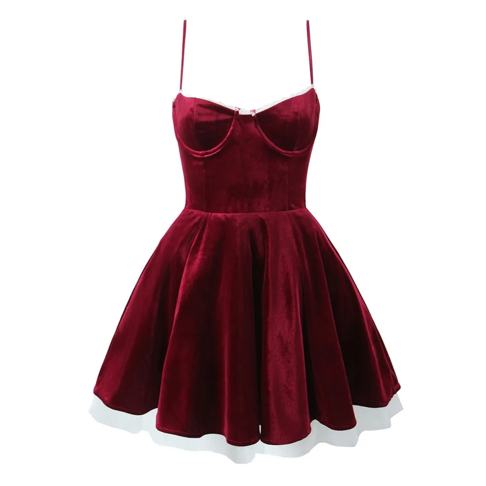 Princess Wine Red Velvet Corset Style Sling Dress Women Lace V Low Chest 2-layers Lining Hem Ball Gown Swing Mini Robe