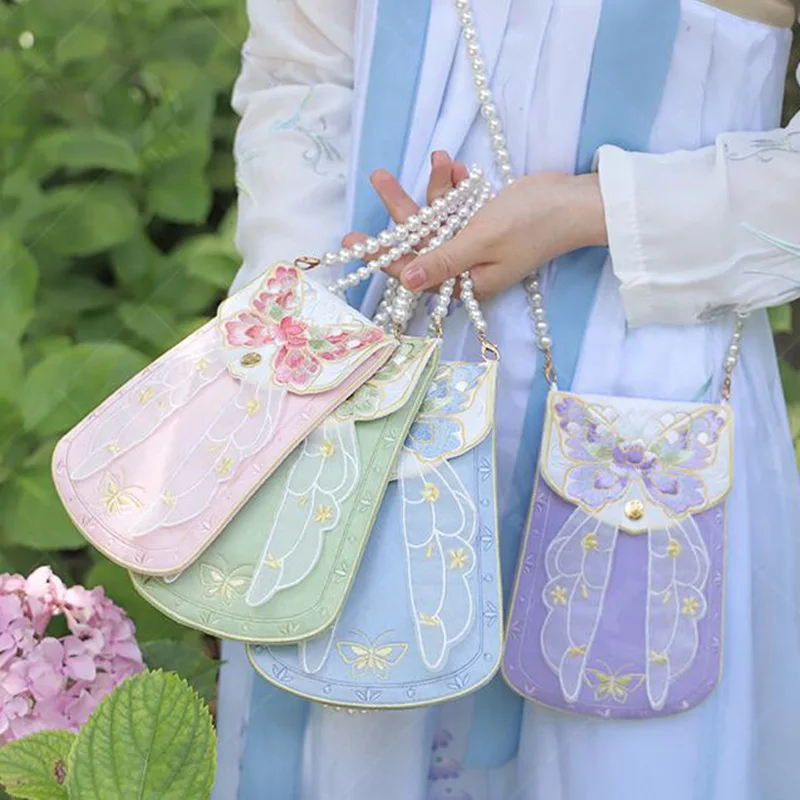 Hanfu Handbag Anime Cosplay Butterfly Pendant Purse Embroidered Butterfly Bag Retro Chinese Style Fairy Pearl Chain Square Bag
