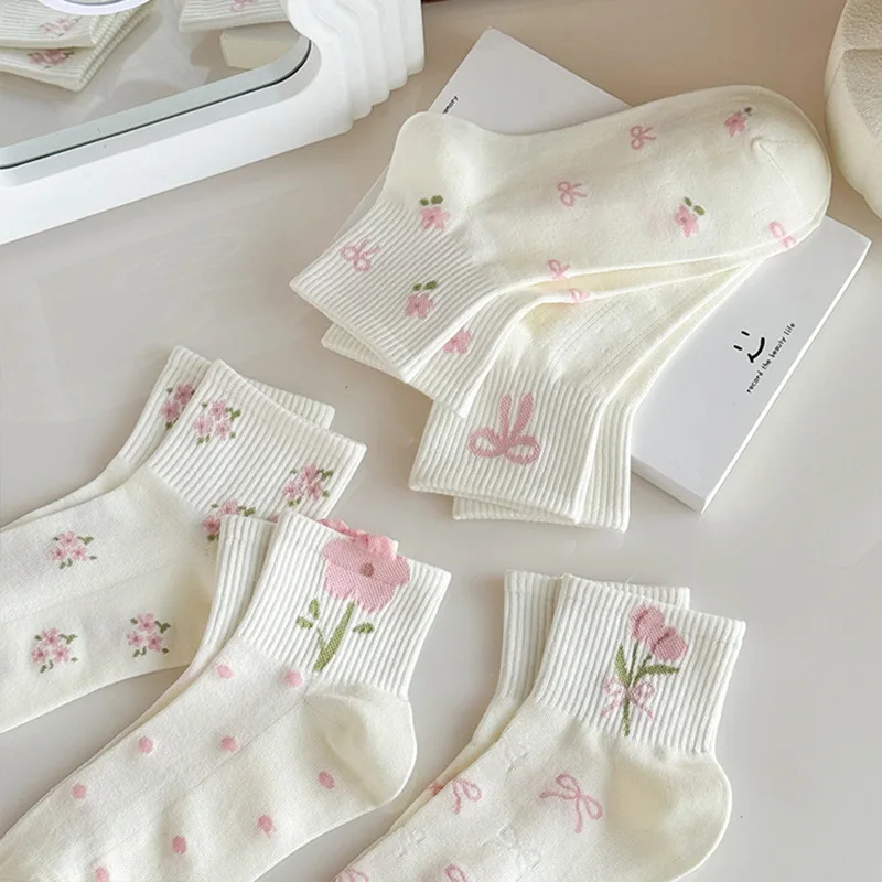 5Pairs Floral Printed Women Short Socks Fashionable Version Summer Breathable Sweat Absorbing Soft Comfortable Casual Socks