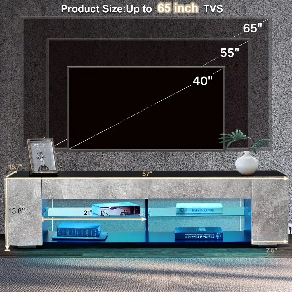 Support TV LED pour téléviseurs 65 pouces, centre de divertissement moderne à profil bas avec lumières LED, table multimédia de console 57 pouces avec étagères en verre