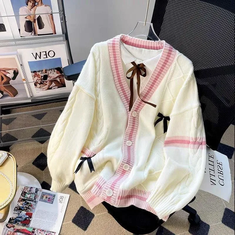 Autumn Women Clothing College Style Students Knitted Cardigan Tops Korean Loose Cute Jumper Coat Outside V-neck Sweater Pullover