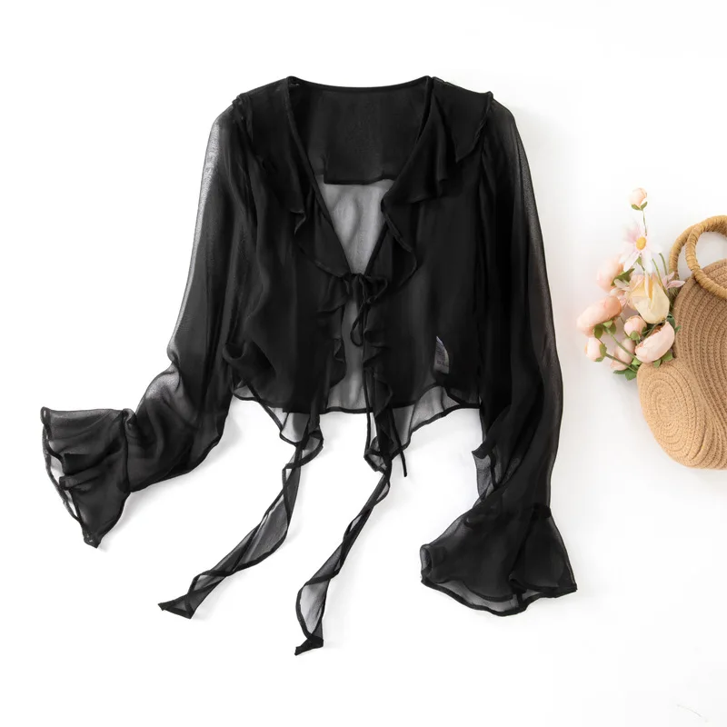 Winsleter-Women 100% Silk Elegant T-Shirt, Flare Sleeve V Neck, Commute Lace-up Loose Sunscreen Tops, 2025 Summer New T53942CC