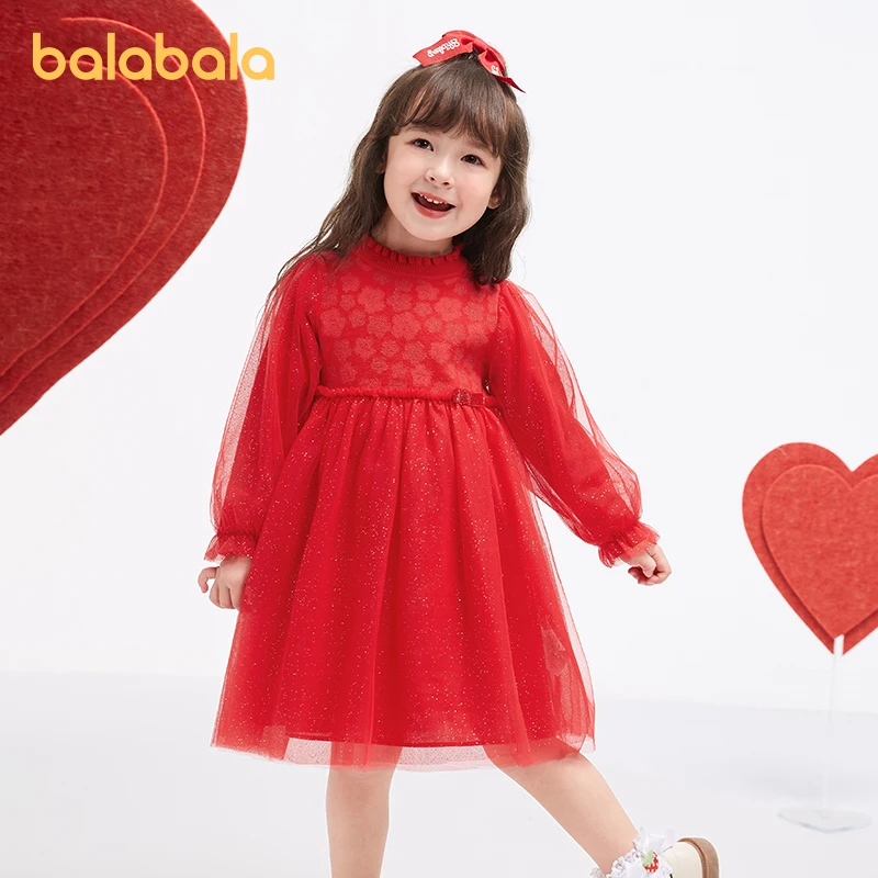 Balabala Toddler Girl Dress Autumn New Year Sweet Soft Comfortable Mesh Dress