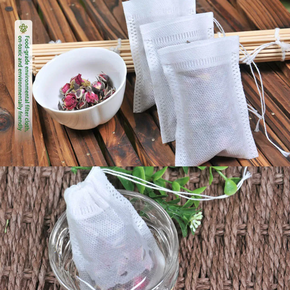 Bolsas de filtro desechables para Infusor de té, bolsitas de tela no tejida de calidad alimentaria, para hierbas y té, 100 piezas
