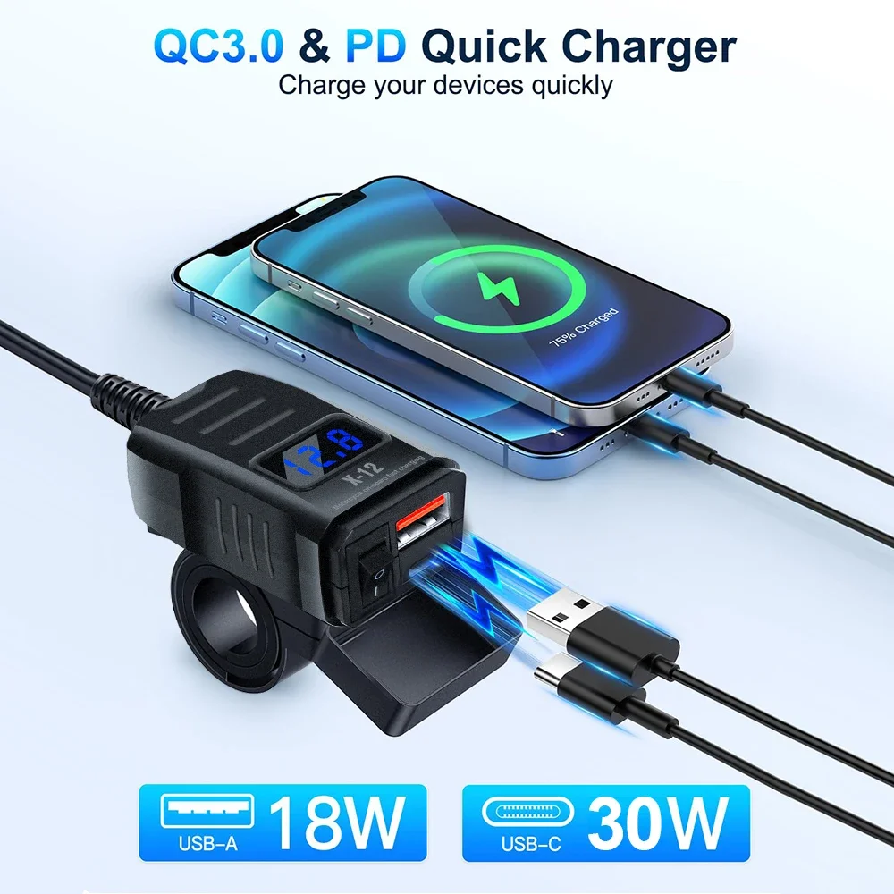 Handlebar Motorcycle Charger Socket PD+QC3.0 Fast Charging Power Adapter USB Type C Dual Port Waterproof With Switch Voltmeter view 2