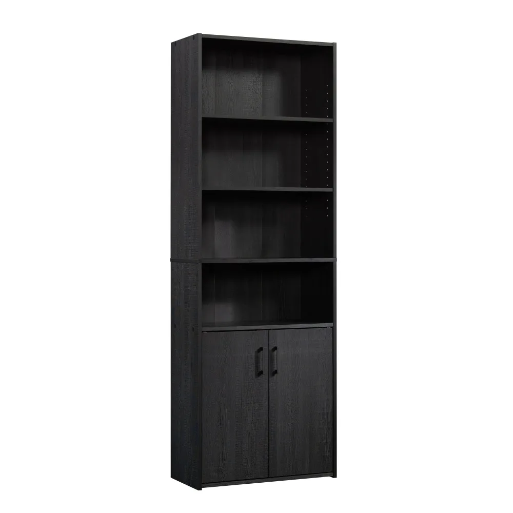 

Traditional 5 Shelf Bookcase with Doors, Open shelving features two adjustable shelves and one fixed shelf，Black Finish