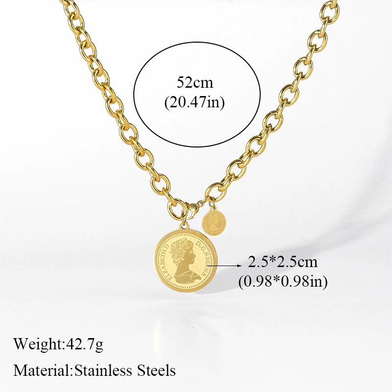 GANEMLY 316L Stainless Steel Coin Portrait Pendant Necklace For Women New 18K Gold Plated Neck Chain Waterproof Jewelry Gift
