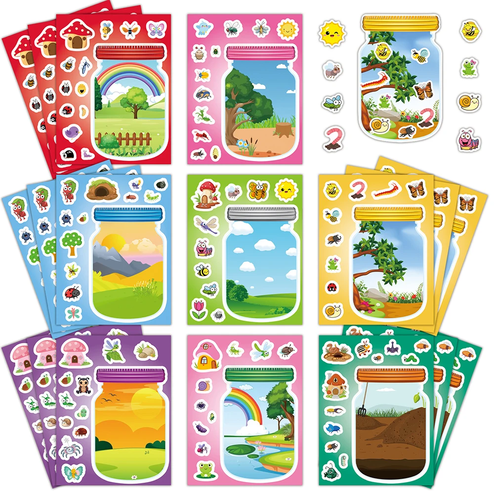 8/16 blätter Outdoor Flasche Welt Insekten Tier Puzzle Aufkleber Lustige Cartoon Kreative Montieren Jigsaw DIY Aufkleber Kinder Spielzeug geschenk