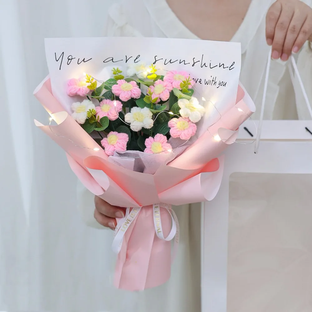 

Korean Style Handwoven Daisy Bouquet Soft Yarn Vibrant Color Artificial Flower Arrangement Hand-Knitted Crochet Daisy Flowers
