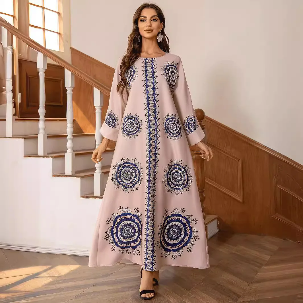 ZD032 Muslim Home Clothes Bohemian Style Fashion Printed Diamond studded Round Neck Robe Female Abaya