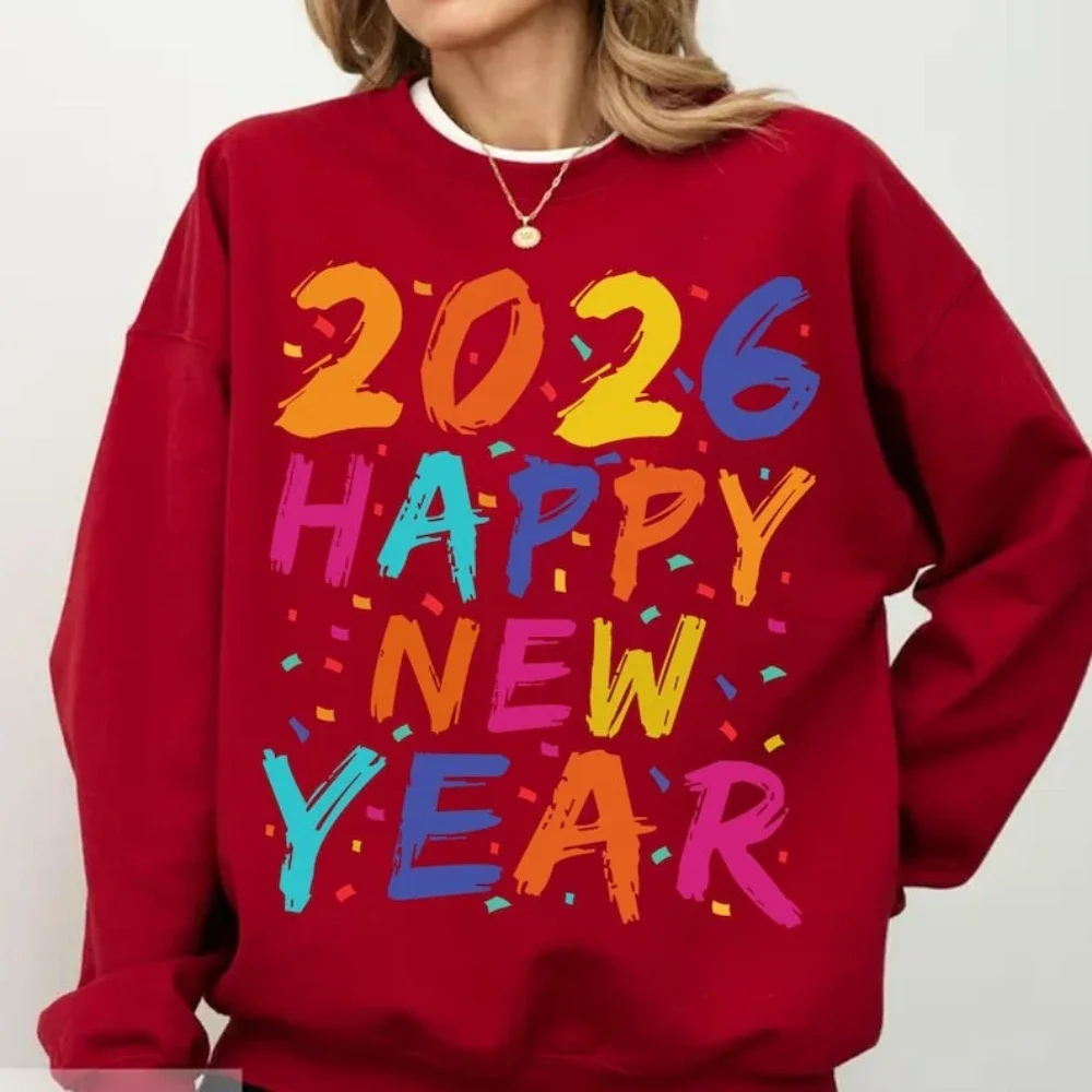 Happy New Year 2026 Sweatshirt Colorful Confetti NYE Clothing Family Celebration Gift Apparel Women Casual Fashion Pullover