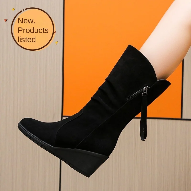 Fashion Models Slope Heel Back Zip Foreign Trade New Western Boots Casual Mid-calf Big Yards Heightening Casual Women's Shoes