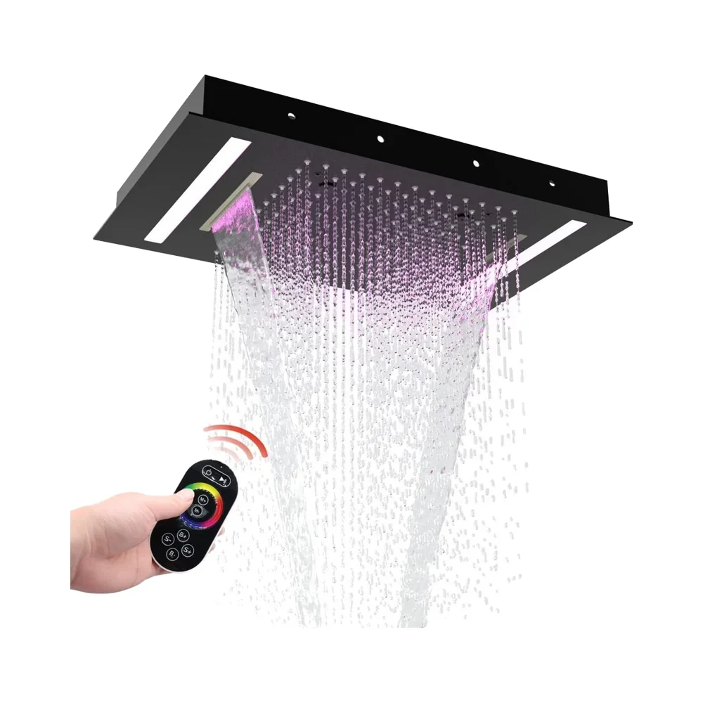 14x20inch Black LED Shower Head High-Pressure Rainfall Waterfall Mist 3 Functions Showerhead