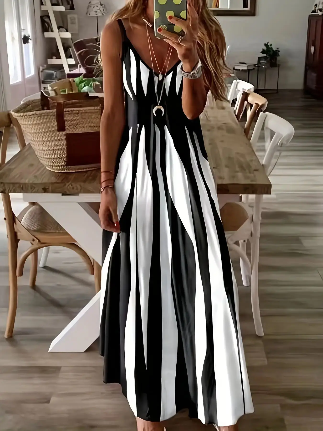 Gestreiftes Strandkleid mit V-Ausschnitt für Damen, Sommer, sexy, dehnbar, Polyester, Spandex, ärmellos, Badebekleidung, Vertuschung, Resort-Wear, langes Kleid