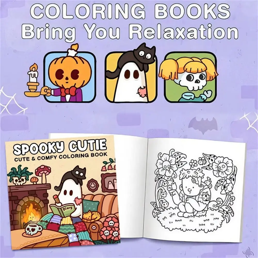 Libro para colorear Spooky Cutie en momentos acogedores para la relajación, libro de garabatos educativos con adorables criaturas espeluznantes