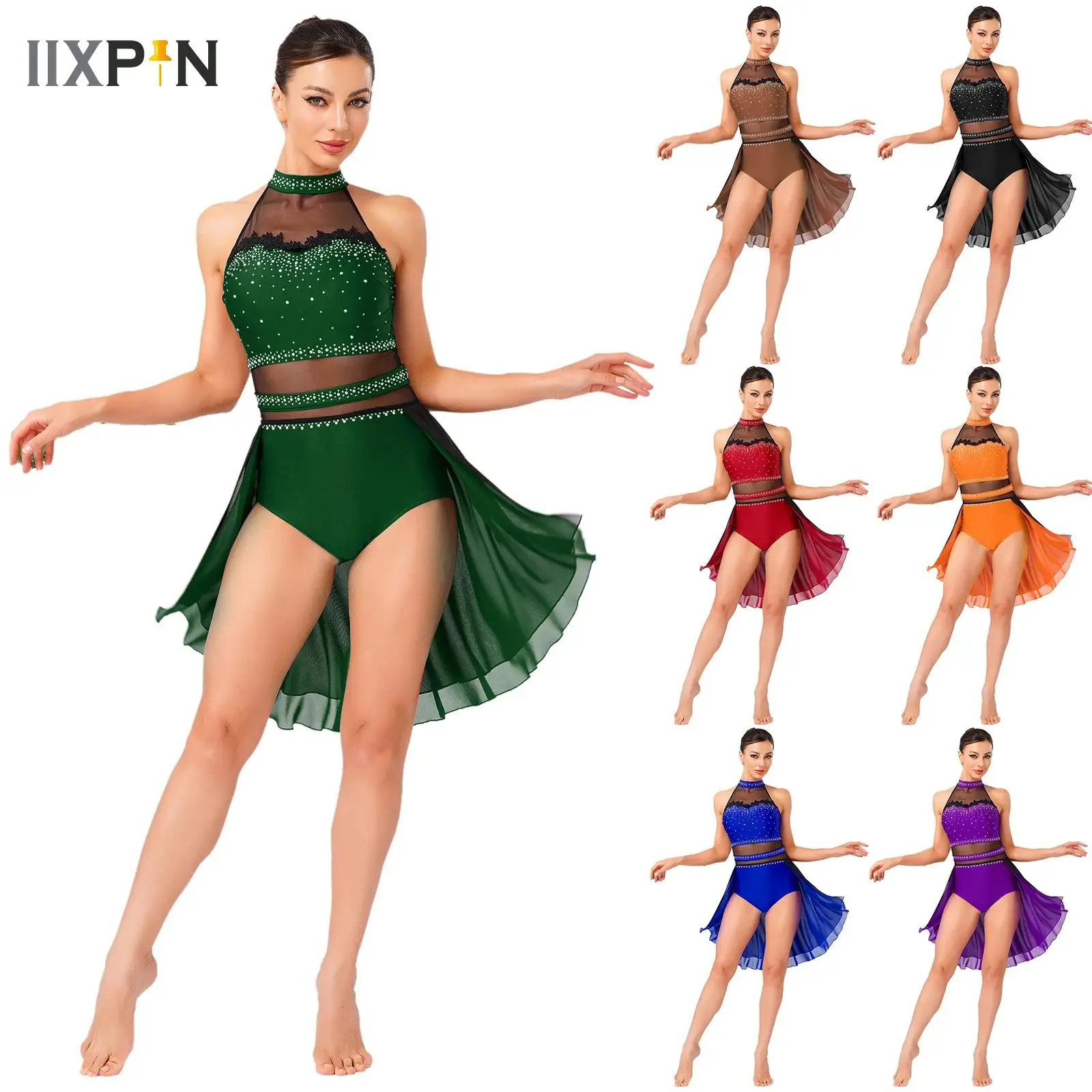 

Adults Lyrical Dance Performance Costume Rhinestone Ballet Gymnastic Skirted Leotard Dress Figure Skating Competition Dancewear