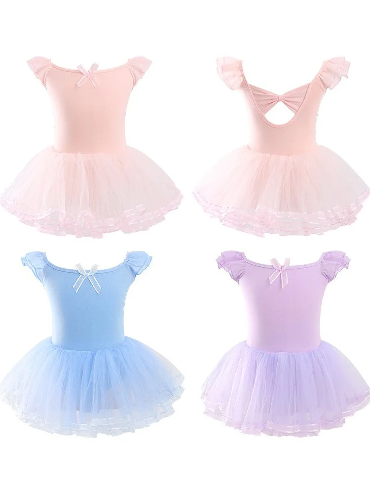 Ballet Dress Gym Tights for Girls Kids Short Sleeve Ballet Chiffon Beaded Tights Bowknot Dancewear Ballet Bodysuits