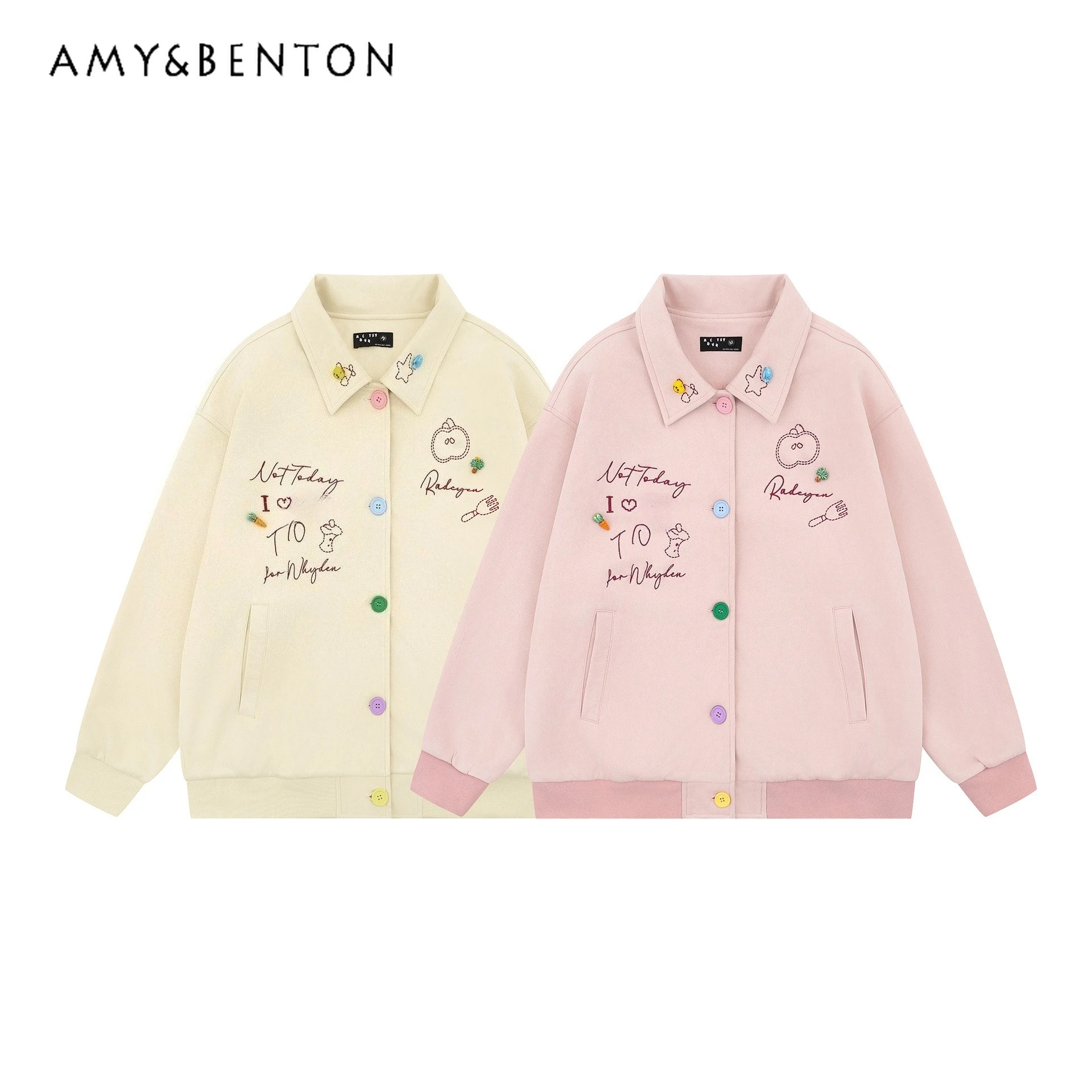 

2025 Spring and Autumn New Sweet Cute Printed Loose Pink Jacket Fun Pattern Apricot Turn-Down Collar Long Sleeve Casual Jacket