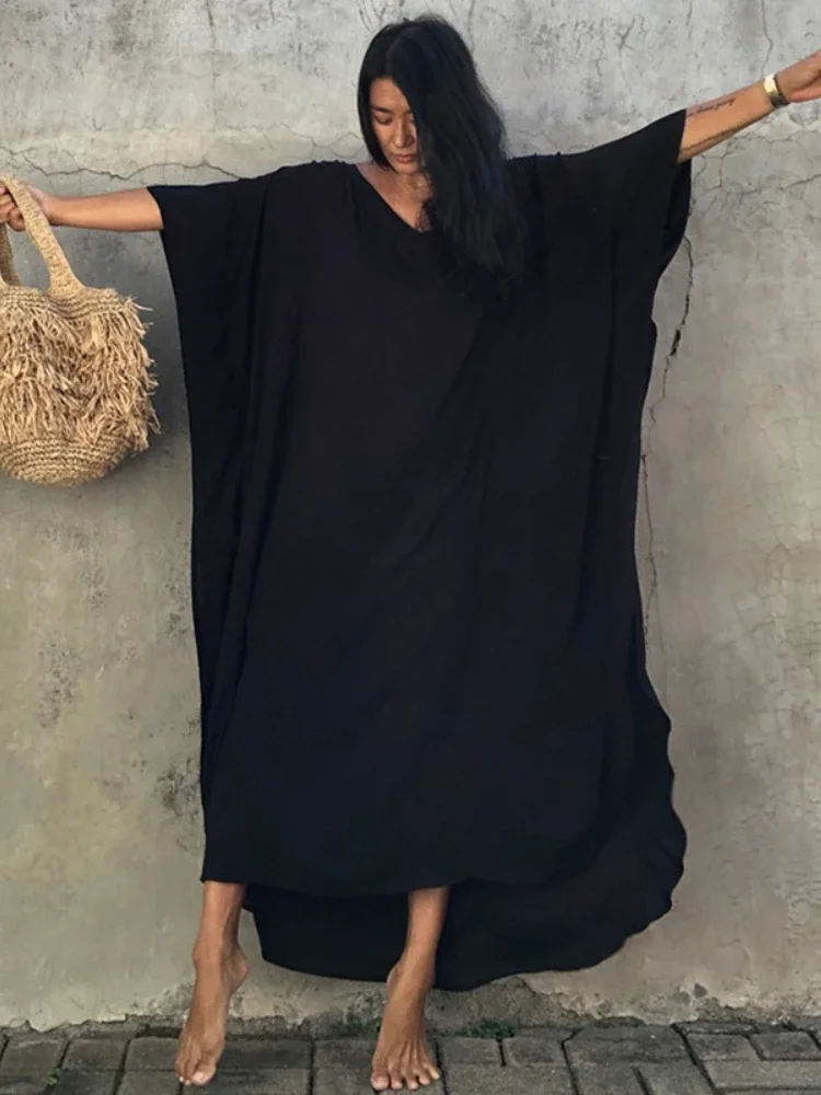 

Beach Cover Ups for Swimwear Women Kaftans Tunic Solid Summer Maxi Dresses Batwing Sleeve Beachwear Outfits Dropshipping