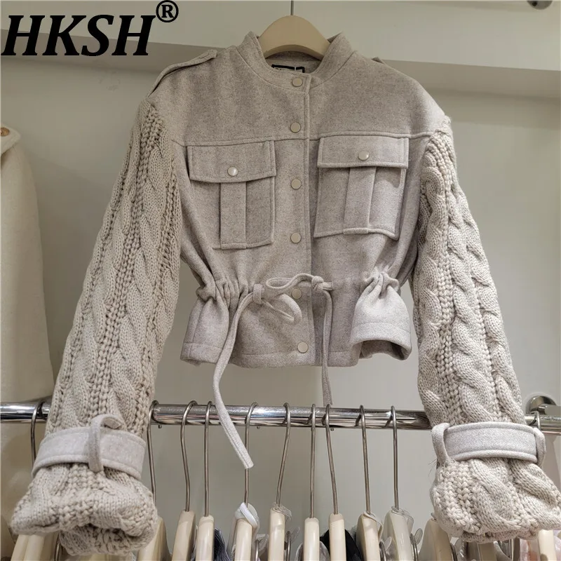 

HKSH осеннее новое женское пальто с воротником-стойкой и карманами на талии, вязаная короткая куртка в стиле пэчворк с длинными рукавами High Street HK11263