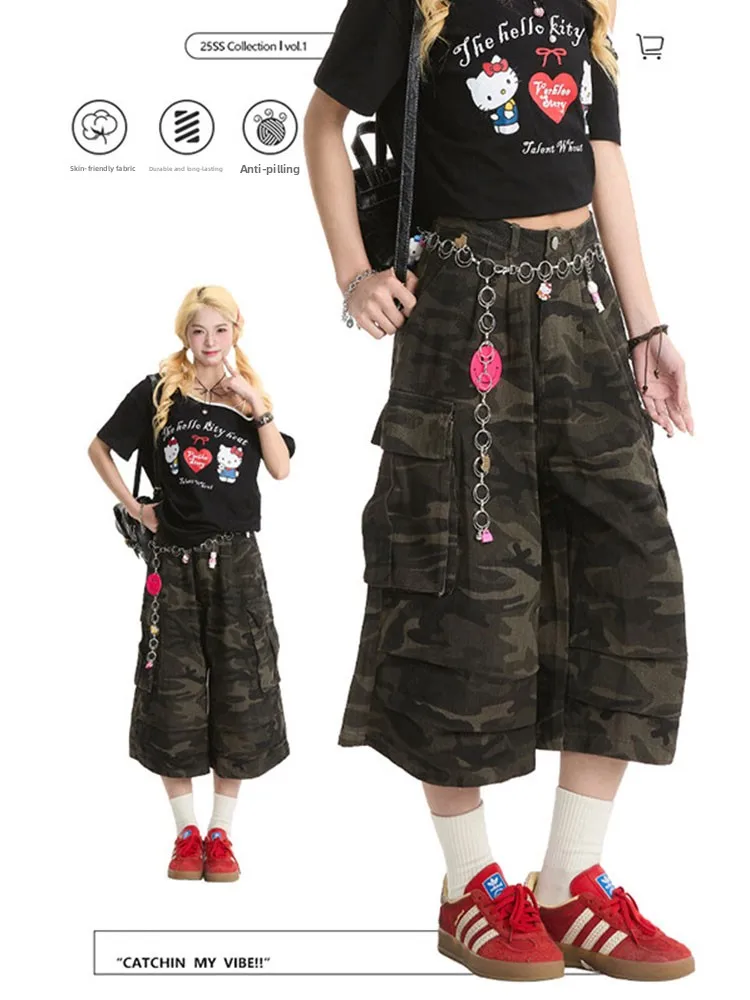 

American Camouflage Loose Wide Leg Straight Jeans Women's High Waist Seven-Foot Pants Summer New Style Casual Loose Fit