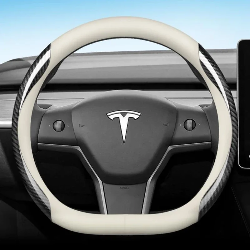 35-36cm Zweifarbiger Leder-Lenkradbezug für Tesla Model 3, Model Y Premium Komfortgriff Auto-Innenausstattung