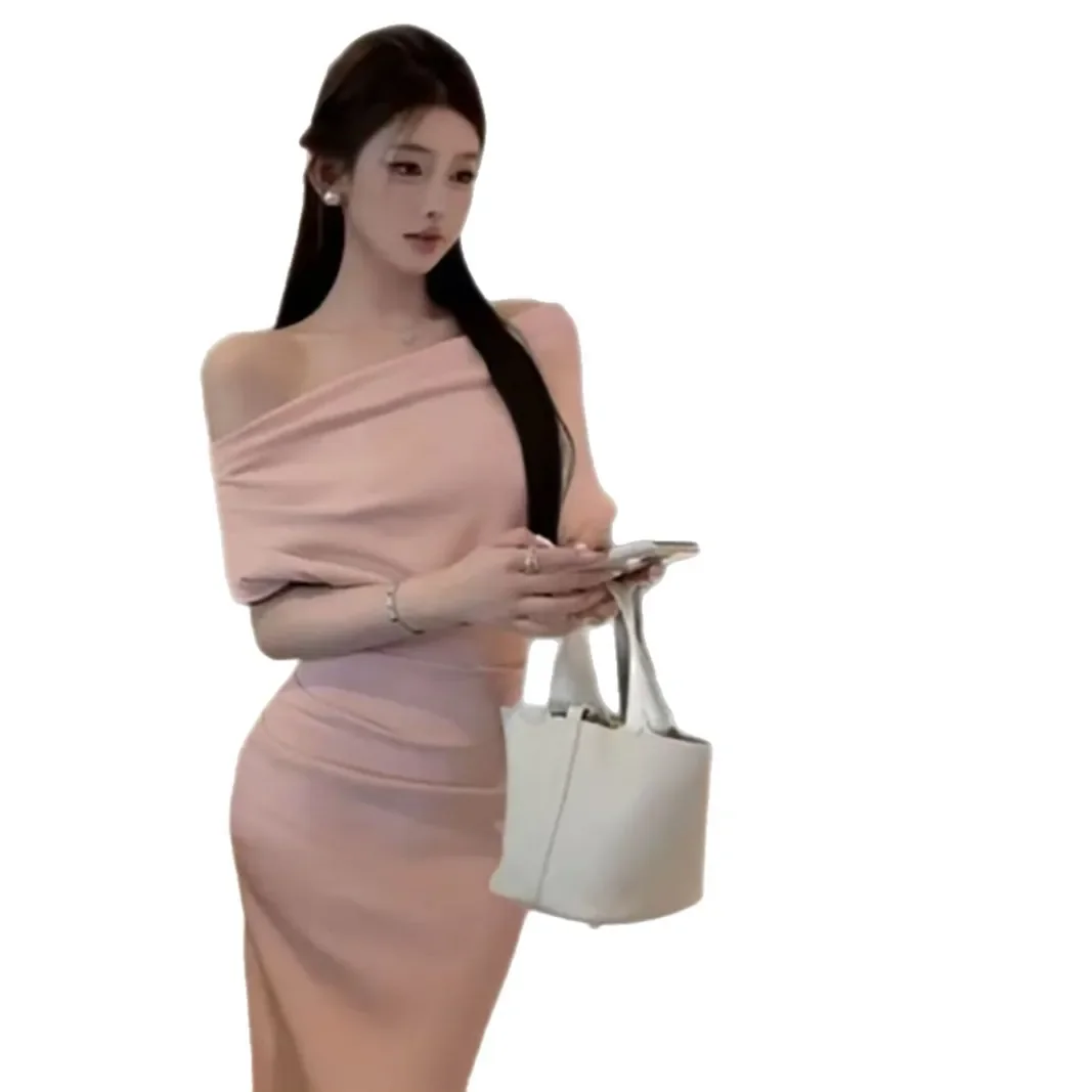 Estilo francês assimétrico ombro envoltório vestido feminino verão elegante saia longa manga curta império cintura joelho comprimento vestido