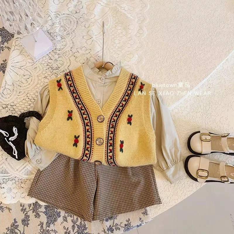UNITIM 2026 Herbst Kinder Mädchen Strickweste V-Ausschnitt Stickerei Weste für Kinder Mädchen 2-8 Jahre Baby Mädchen Ärmelloser Pullover – Detail 1