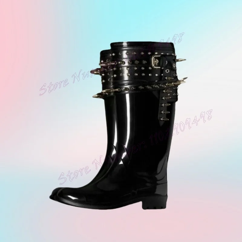 

Black Patent Leather Rivet Decor Men's Boots Strappy Buckle Knee High Shoes for Men New Style Runway Shoes Zapatos Para Hombres